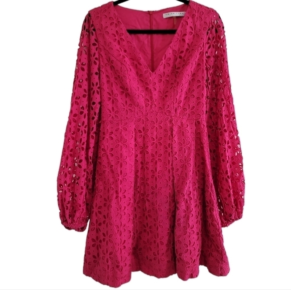 Trina Turk Grazia Dress in Passion Pink 2 Eyelet Lace Unlined Sleeves Cotton - Picture 4 of 9